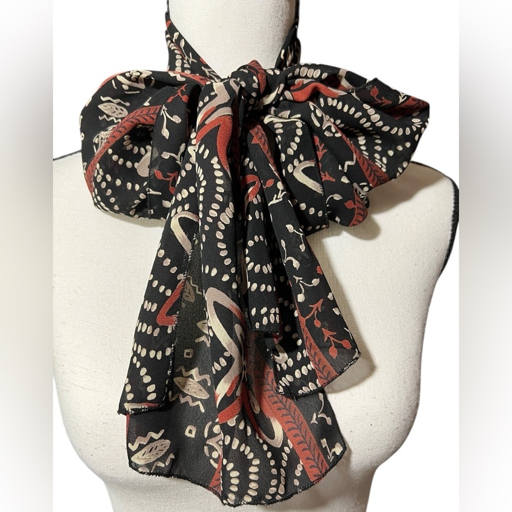 Elegant Black and Burnt Orange Patterned Scarf, approx. 10.5”x58” - Picture 6 of 10